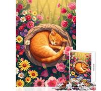 Rompecabezas para Adultos de 1000 Piezas: Gato Naranja durmiendo Entre Flores Juguetes antiestrés Regalo de cumpleaños Juego práctico Actividades Divertidas en casa tamaño 38x26cm