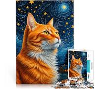 Rompecabezas para Adultos de 1000 Piezas Gato Naranja Noche Estrellada Hecho de cartón para Mayores de 14 años Juego Intelectual de Juguete Trato como Regalo para Toda la Familia tamaño：26x38cm