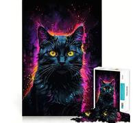 Rompecabezas para Adultos de 1000 Piezas,Gato Negro,Arte neón,decoración de Ajuste, Juego de Habilidad Mental,diversión Casual,decoración navideña 38x52cm
