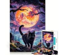 Rompecabezas para Adultos de 1000 Piezas Gato Negro bajo la Luna de Sangre,Corte preciso,Divertido,Actividad Mental Inteligente,Tiempo de Ocio,Regalo de cumpleaños para Aficionados 50x75cm