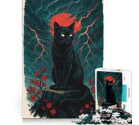 Rompecabezas para Adultos de 1000 Piezas: Gato Negro bajo la Luna roja, Estilo japonés Juguetes para armar, Entrena tu Cerebro y Tus Manos Incluye póster y Hoja de Preguntas a Juego 38x52cm