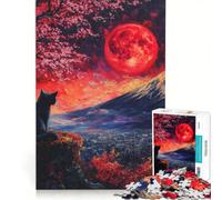Rompecabezas para Adultos de 1000 Piezas: Gato Negro bajo la Luna roja, Juguetes para armar, Entrena tu Cerebro y Tus Manos, con póster y Hoja de Preguntas a Juego 50x75cm