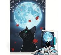 Rompecabezas para Adultos de 1000 Piezas: Gato Negro bajo la luz de la Luna con Hojas de Arce Juguetes para armar, Entrena tu Cerebro y Tus Manos Incluye póster y Hoja de Preguntas a Juego 50x75cm