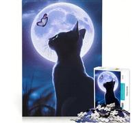 Rompecabezas para Adultos de 1000 Piezas: Gato Negro bajo la luz de la Luna, Juguetes para armar, Entrena tu Cerebro y Tus Manos, con póster y Hoja de Preguntas a Juego 50x75cm