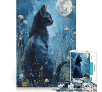 Rompecabezas para Adultos de 1000 Piezas: Gato Negro bajo la luz de la Luna, Juguetes para armar, Entrena tu Cerebro y Tus Manos, con póster y Hoja de Preguntas a Juego 38x52cm