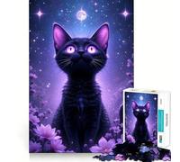 Rompecabezas para Adultos de 1000 Piezas Gato Negro bajo Las Estrellas,decoración de Bordes impecables,Juguete para ejercitar la Mente,diversión fácil,decoración navideña 38x52cm
