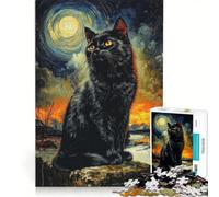 Rompecabezas para Adultos de 1000 Piezas: Gato Negro bajo una Luna Creciente, Juguetes para armar, Entrena tu Cerebro y Tus Manos, con póster y Hoja de Preguntas a Juego 50x75cm