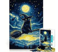 Rompecabezas para Adultos de 1000 Piezas Gato Negro,Bruja en Escoba,Arte de Corte Fino,diversión para Resolver Problemas,Juego para Momentos acogedores,decoración navideña para la Pared 50x75cm
