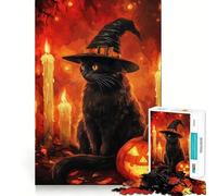 Rompecabezas para Adultos de 1000 Piezas Gato Negro,Bruja,Halloween,decoración,Juego de Habilidad Mental,diversión Casual,exhibición de Arte navideño 38x52cm