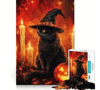 Rompecabezas para Adultos de 1000 Piezas Gato Negro,Bruja,Halloween,Piezas de Corte Ajustado Divertido,Actividad Mental Inteligente,Tiempo de Ocio,Regalo de cumpleaños para Aficionados 50x75cm