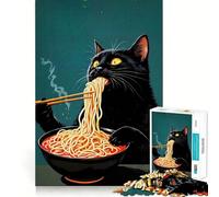 Rompecabezas para Adultos de 1000 Piezas Gato Negro Comiendo Fideos Ramen Juego Divertido y Funcional para un rato Agradable Regalo Ideal para cumpleaños o como pasatiempo (50x75cm)