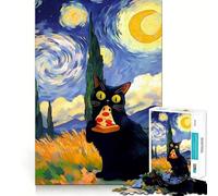 Rompecabezas para Adultos de 1000 Piezas Gato Negro Comiendo Pizza,Noche Estrellada,Arte de Borde Premium,Rompecabezas de lógica,Juego para el Tiempo Libre,Divertido,Decoración navideña (38x52cm)