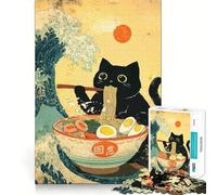 Rompecabezas para Adultos de 1000 Piezas Gato Negro Comiendo Ramen con una Gran Ola Diseño de Corte Fino Diversión para Entrenar la Mente Diversión Relajante Juego artístico para cumpleaños (38x52cm)