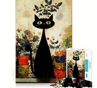 Rompecabezas para Adultos de 1000 Piezas Gato Negro con Flores,Arte Digital,decoración Elegante,Juego de Habilidad Mental,diversión Casual,decoración navideña 50x75cm