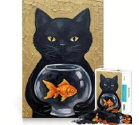 Rompecabezas para Adultos de 1000 Piezas Gato Negro con pez Dorado Decoración Elegante y práctica,Ideal para divertirse o como decoración navideña 50x75cm