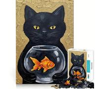 Rompecabezas para Adultos de 1000 Piezas Gato Negro con pez Dorado Decoración Elegante y práctica,Ideal para Jugar y divertirse en Navidad 38x26cm