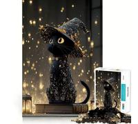 Rompecabezas para Adultos de 1000 Piezas Gato Negro con Sombrero de Bruja,diseño de Corte nítido,Juego Divertido para concentrarse,Tiempo de Juego Tranquilo,Regalo Divertido de Navidad 38x52cm