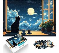Rompecabezas para Adultos de 1000 Piezas Gato Negro de Anime Frente a la Ventana, Juego Educativo Familiar Mejorar la Memoria 38x26cm