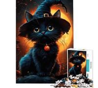 Rompecabezas para Adultos de 1000 Piezas Gato Negro de Halloween con Sombrero de Bruja Ayuda a ejercitar el Cerebro Regalos para Mujeres Juegos Familiares Apto para Mayores de 14 años 50x75cm