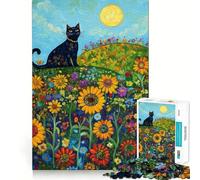 Rompecabezas para Adultos de 1000 Piezas Gato Negro en un Campo de Girasoles Corte Impecable Diversión,ejercita la Mente,Ideal para el Tiempo Libre o como decoración navideña 50x75cm