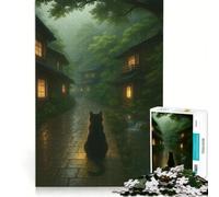 Rompecabezas para Adultos de 1000 Piezas: Gato Negro en un Pueblo japonés lluvioso Juego Educativo, desafiante para completar Regalo Ideal para quienes Buscan un Juego desafiante 38x26cm