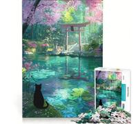 Rompecabezas para Adultos de 1000 Piezas: Gato Negro en un Santuario con Estanque de cerezos en Flor Juego práctico, Ideal para divertirse en Familia, cumpleaños 38x26cm