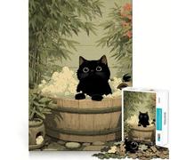 Rompecabezas para Adultos de 1000 Piezas Gato Negro en una bañera Japonesa Diversión con articulaciones Finas,Actividad Mental Inteligente,Juego Relajante, Tranquilo 50x75cm