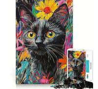Rompecabezas para Adultos de 1000 Piezas Gato Negro Entre Flores,Bordes Bien definidos,Juguete para ejercitar la Mente,diversión sin complicaciones,decoración navideña 50x75cm