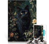 Rompecabezas para Adultos de 1000 Piezas Gato Negro Entre Flores Juguetes para aliviar el estrés Colección de Artistas, Bellas Artes 38x52cm