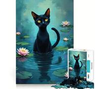 Rompecabezas para Adultos de 1000 Piezas Gato Negro Entre nenúfares,decoración de Bordes impecables,Juguete para ejercitar la Mente,diversión para Pasar el rato,decoración navideña 50x75cm