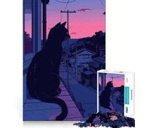 Rompecabezas para Adultos de 1000 Piezas,Gato Negro,Estilo Retro,Rosa,Corte Impecable Divertido,ejercita la Mente,Ideal para el Tiempo Libre y como decoración navideña 38x52cm