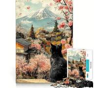 Rompecabezas para Adultos de 1000 Piezas Gato Negro,Flores de Cerezo,Paisaje asiático japonés,Corte preciso,Divertido Juego Mental,Regalo,Tiempo de relajación,Arte de Pared navideño (38x26cm)