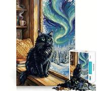 Rompecabezas para Adultos de 1000 Piezas Gato Negro Junto a la Ventana con Aurora Boreal,Ajuste, Arte,Juego Mental,Regalo,Juego Lento,Regalo de Arte navideño (50x75cm)