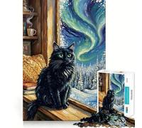 Rompecabezas para Adultos de 1000 Piezas Gato Negro Junto a la Ventana con Aurora Boreal Diseño de Corte preciso Juguete Inteligente para el Cerebro Juego para Relajarse Regalo de decoración navideña