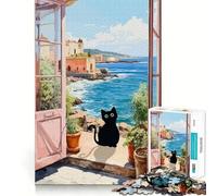 Rompecabezas para Adultos de 1000 Piezas Gato Negro Junto al mar,diseño artístico de Corte preciso,Juego cognitivo y Divertido,Ideal para el Ocio y la relajación Navidad (38x26cm)