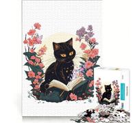 Rompecabezas para Adultos de 1000 Piezas: Gato Negro Leyendo un Libro con Flores, Juguete Educativo, Ideal para Pasar el Tiempo en casa, Regalos para Amigos y Familiares 38x52cm