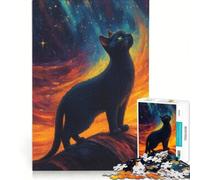 Rompecabezas para Adultos de 1000 Piezas: Gato Negro Mirando Las Estrellas Juguetes para armar, Entrena tu Cerebro y Tus Manos Incluye póster y Hoja de Preguntas a Juego 38x26cm