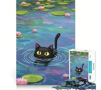 Rompecabezas para Adultos de 1000 Piezas Gato Negro Nadando en un Estanque Diseño de Corte Fino Diversión para Resolver Problemas Momentos acogedores Decoración navideña para la Pared 50x75cm