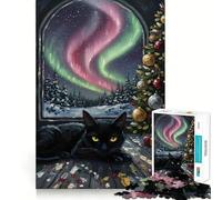 Rompecabezas para Adultos de 1000 Piezas Gato Negro,Navidad,Aurora,Pintura,Corte preciso,Divertido Juego Mental,Regalo,Tiempo de relajación,Arte de Pared navideño (50x75cm)