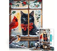 Rompecabezas para Adultos de 1000 Piezas Gato Negro,pájaros,Invierno,Ventana,Corte preciso,Divertido Juego Mental,Regalo,Tiempo de relajación,Arte de Pared navideño (38x52cm)
