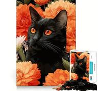 Rompecabezas para Adultos de 1000 Piezas Gato Negro rodeado de Flores Naranjas Corte Impecable Diversión,ejercita la Mente,Ideal para el Tiempo Libre o como decoración navideña 50x75cm