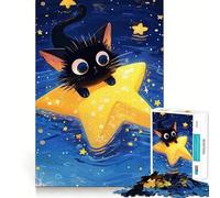 Rompecabezas para Adultos de 1000 Piezas Gato Negro sobre una Estrella,diseño de Corte nítido,Juego Divertido para concentrarse,Tiempo de Juego Tranquilo,Regalo Divertido de Navidad 38x52cm