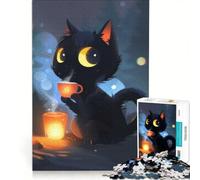 Rompecabezas para Adultos de 1000 Piezas: Gato Negro Tomando té, Juguete para armar, Entrena tu Cerebro y Tus Manos, con póster y Hoja de Preguntas a Juego 50x75cm