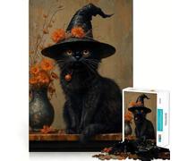Rompecabezas para Adultos de 1000 Piezas Gato Negro y Bruja,decoración Elegante,Juego de Habilidad Mental,diversión Casual,decoración navideña 38x26cm