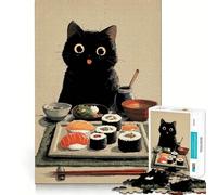 Rompecabezas para Adultos de 1000 Piezas Gato Negro y festín de Sushi Juego de lógica de Ajuste preciso Juego fácil Decoración navideña para Pared (38x26cm)