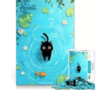 Rompecabezas para Adultos de 1000 Piezas Gato Negro y pez Dorado en un Estanque Juego de lógica de Ajuste preciso Juego fácil Decoración navideña para Pared (50x75cm)