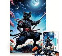 Rompecabezas para Adultos de 1000 Piezas Gato Samurai,Japón,Luna,Borde Fino,Manualidades,Juego Divertido para concentrarse,Juego Relajante,Regalo de cumpleaños (38x26cm)