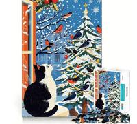 Rompecabezas para Adultos de 1000 Piezas Gato Sentado en el alféizar nevado Arte nítido y Divertido Juego Relajante Regalo Ideal para Navidad (38x26cm)