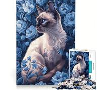 Rompecabezas para Adultos de 1000 Piezas Gato siamés Entre Flores Azules Juegos educativos desafiantes de completar cumpleaños 38x52cm