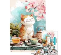Rompecabezas para Adultos de 1000 Piezas Gato Sonriente con té y Flores de Cerezo Ayuda a ejercitar el Cerebro Juego Educativo de Gran desafío para Mayores de 14 años 50x75cm